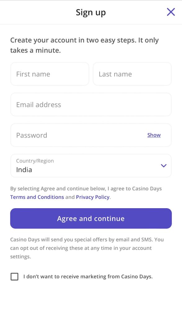 Casino Days Registration form in India